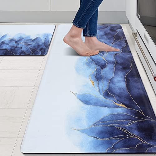 MAYHMYO Anti Fatigue Kitchen Mat Set of 2 Blue and Gold Design