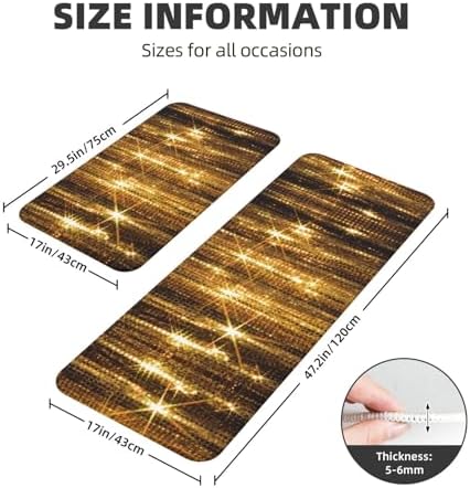 Gold Sequin Sparkle Print Kitchen Rugs Mats Set 2pcs