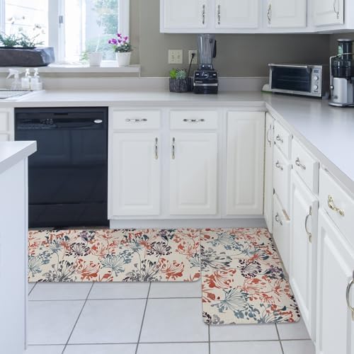 Carosoffe Red Green Brown Flowers Kitchen Rug Set