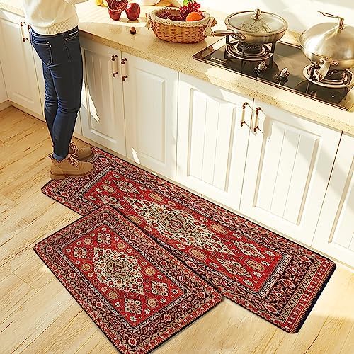 Stylish Boho Kitchen Rugs 2-Piece Set Soft Non-Slip Standing Mats