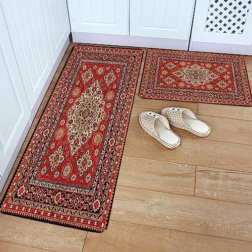 Stylish Boho Kitchen Rugs 2-Piece Set Soft Non-Slip Standing Mats