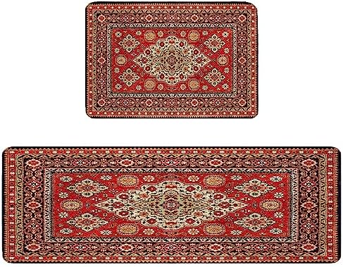 Stylish Boho Kitchen Rugs 2-Piece Set Soft Non-Slip Standing Mats